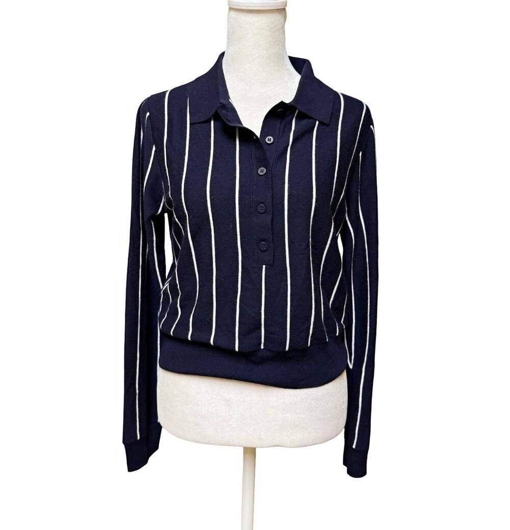 MNG Navy White Striped Collared Button Knit Pullover Sweater Womens S